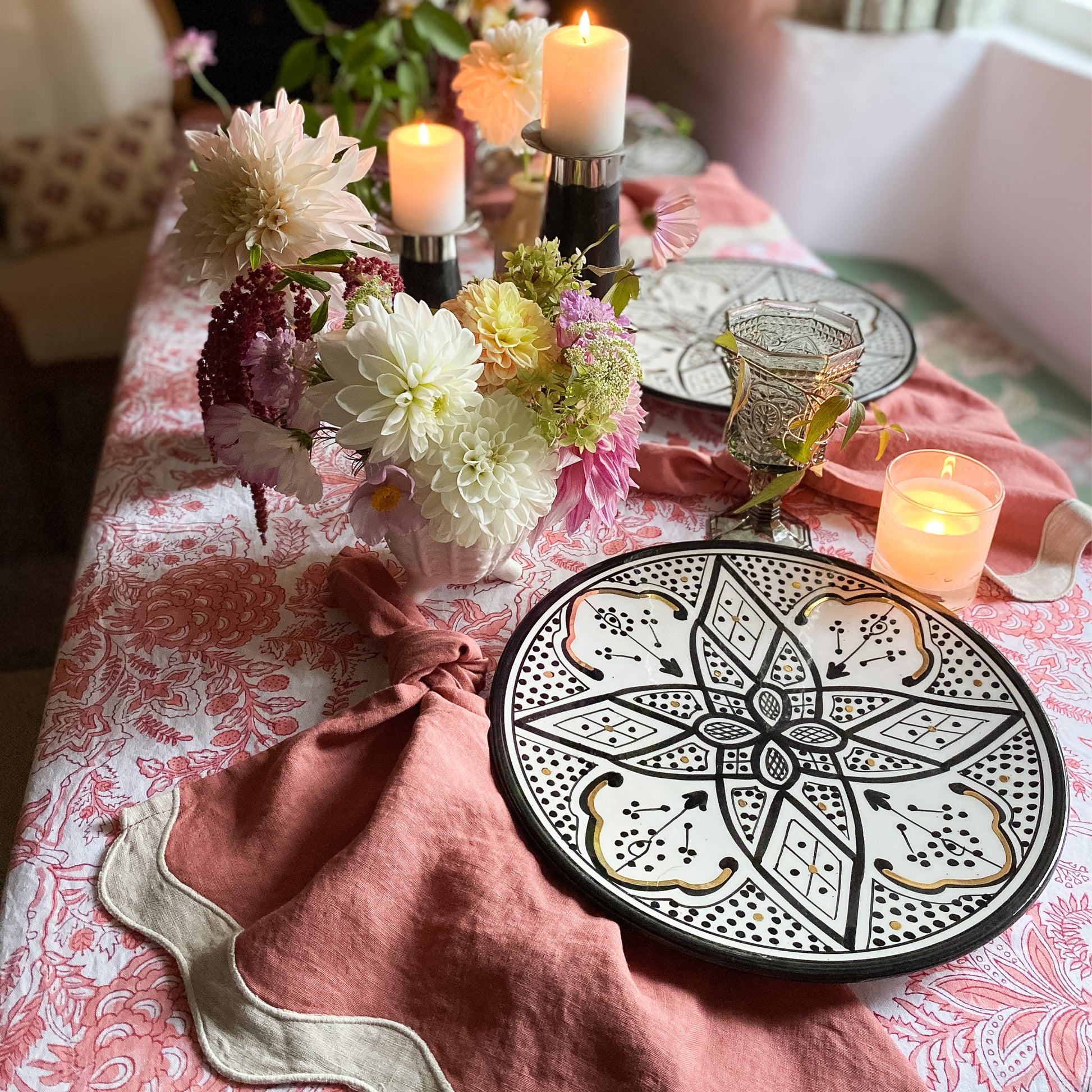 peach tablecloth with floral motifs 