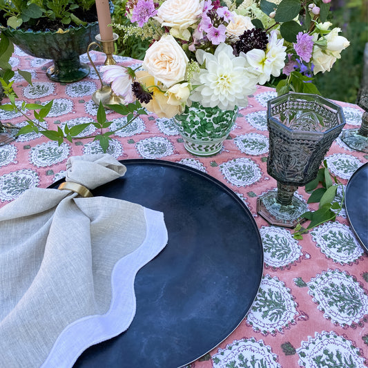 pink and green tablecloth block printed by hand