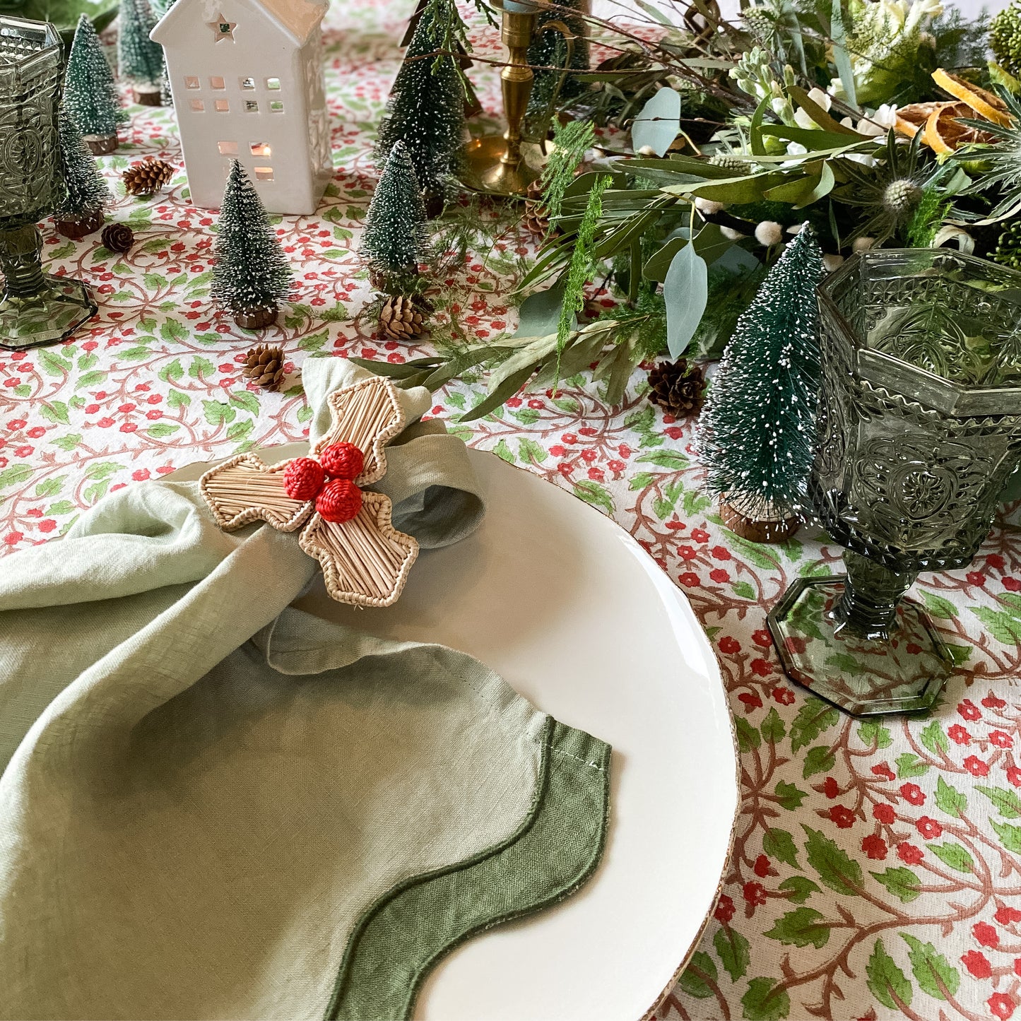 Green + Red Berries Tablecloth