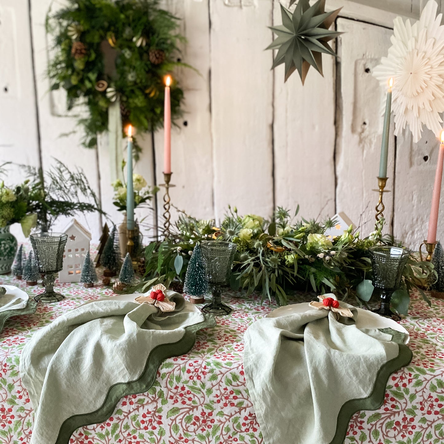 Green + Red Berries Tablecloth