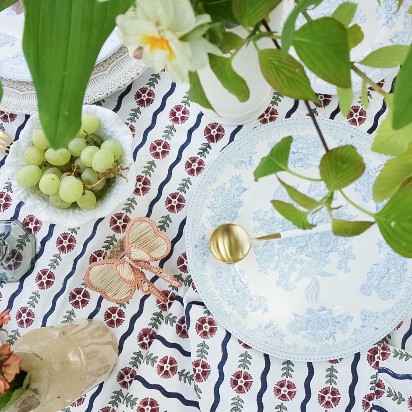 Blue Wavy Tablecloth block printed by artisans in Jaipur