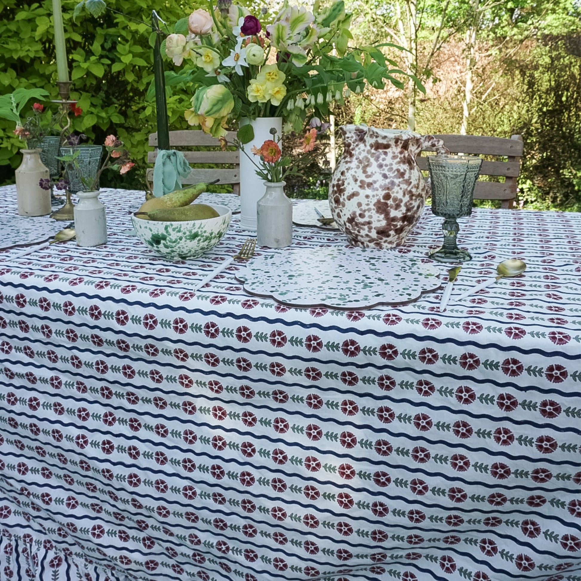 Blue Wavy Tablecloth block printed by artisans in Jaipur 
