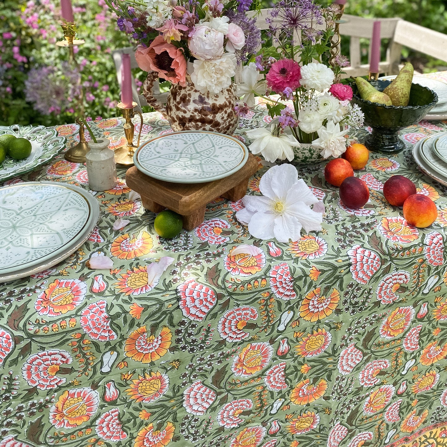 green and orange tablecloth perfect for spring table 