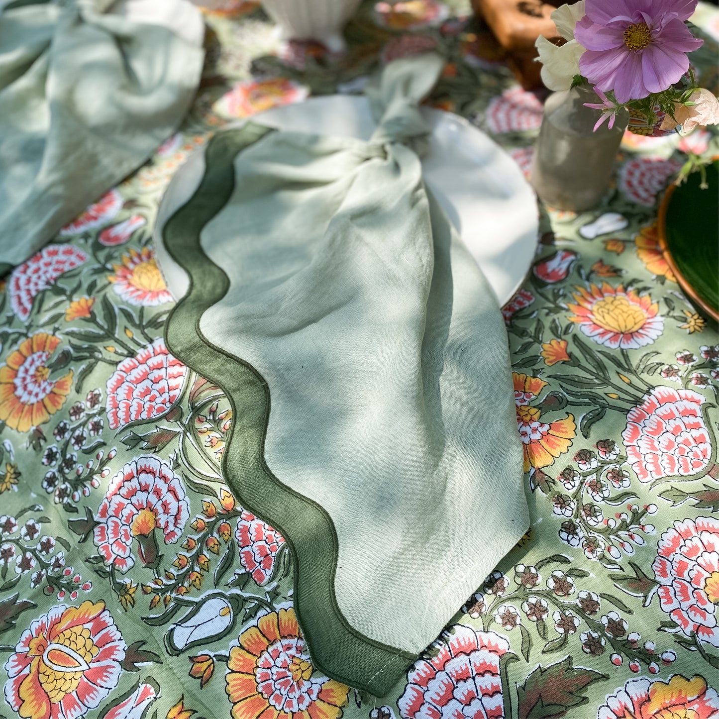 Green + Orange Floral Tablecloth