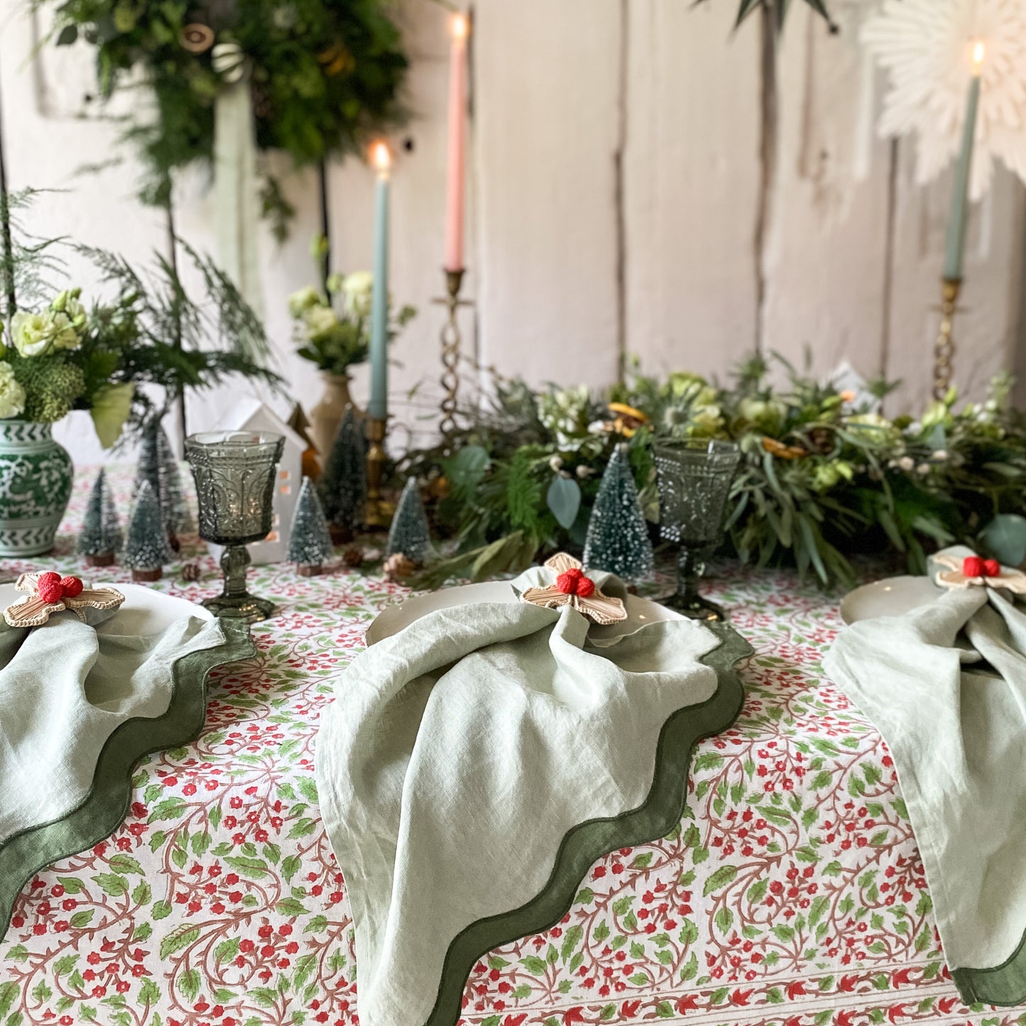 Green + Red Berries Tablecloth
