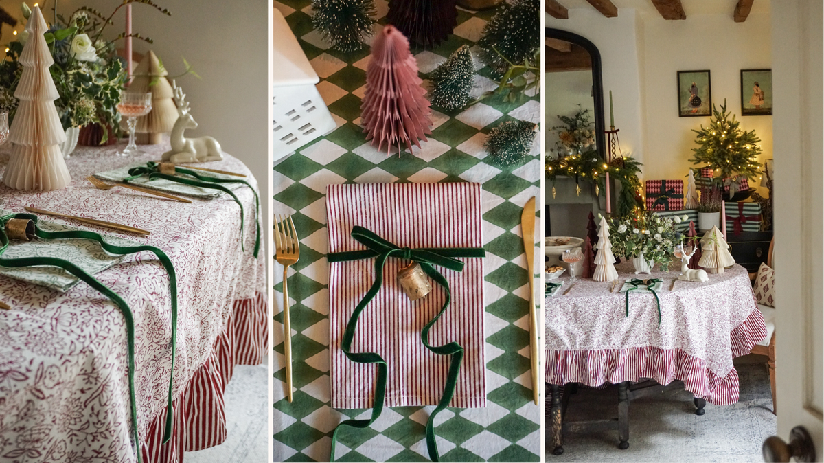 Burgundy tablecloth for christmas with green napkins and the forest green harlequin tablecloth 