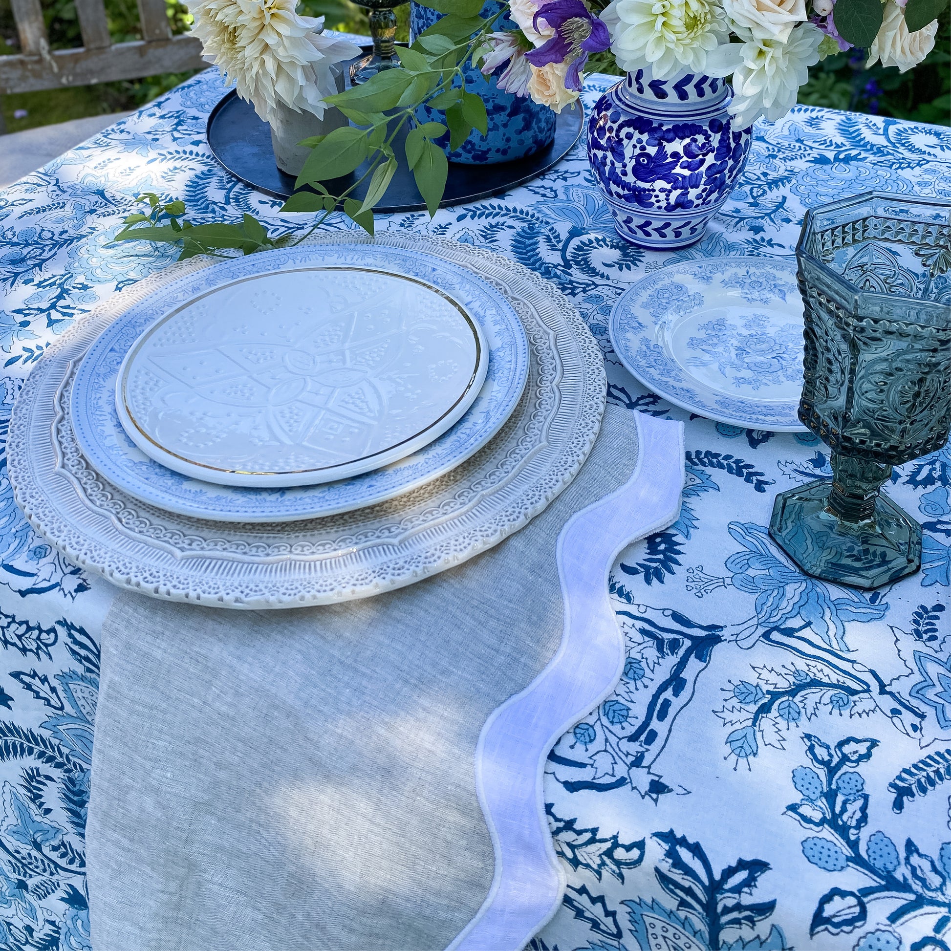 Blue and white block printed tablecloth