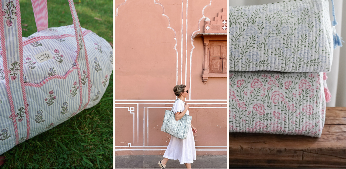 A three-panel collage showcasing a light blue and pink striped floral tote bag. The left panel shows the bag on green grass, the middle panel shows a woman in a white dress carrying the bag outdoors against a terracotta wall, and the right panel shows a close-up of the bag's patterned fabric on a wooden surface.