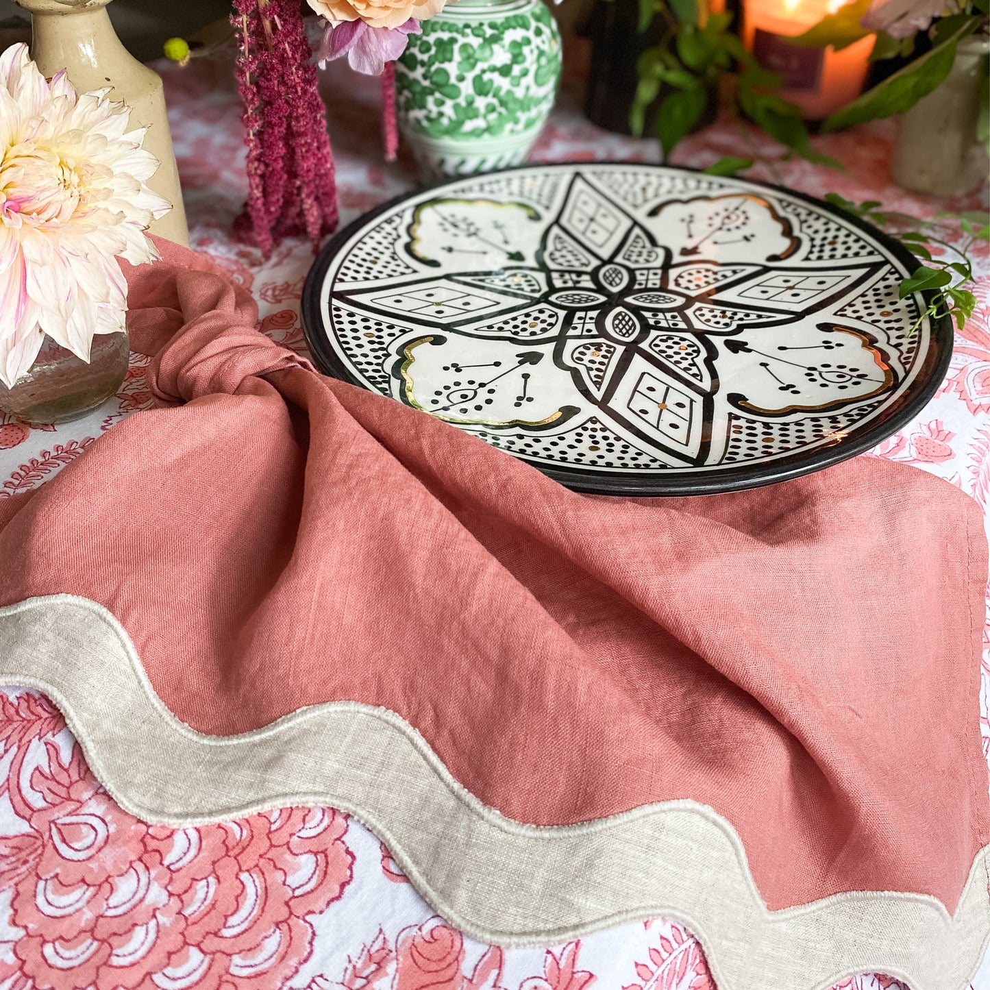 dusty pink linen napkin with wavy edge 