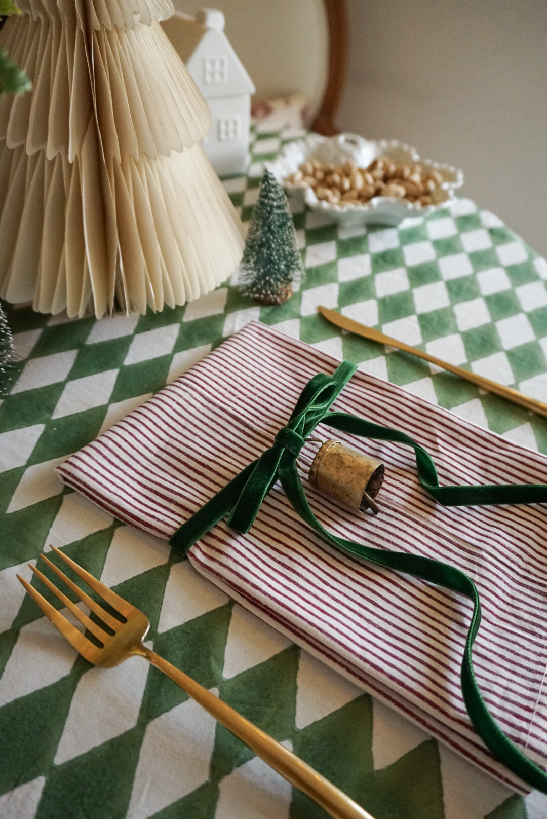 Forest green block printed tablecloth for christmas tables 