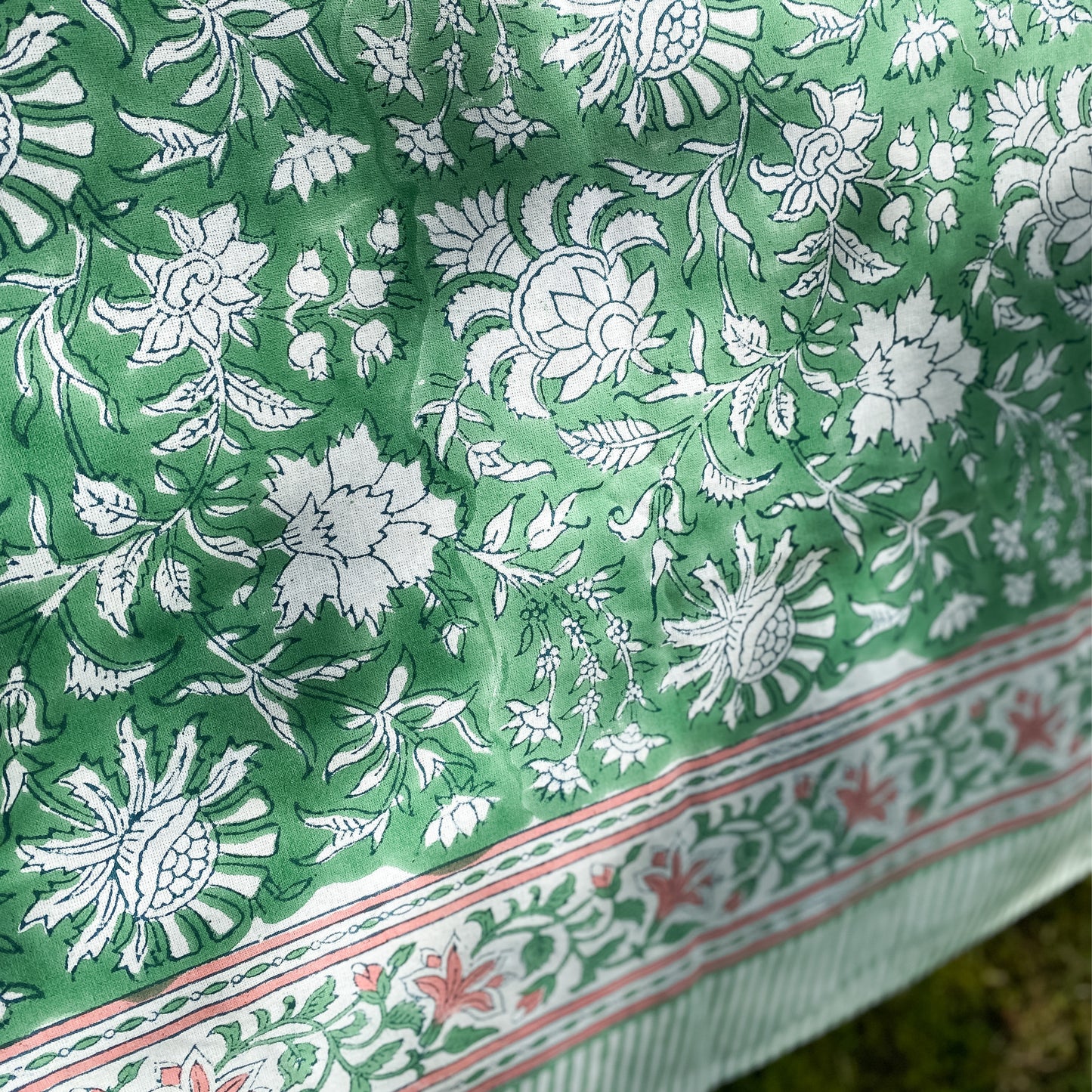 green floral tablecloth block printed 