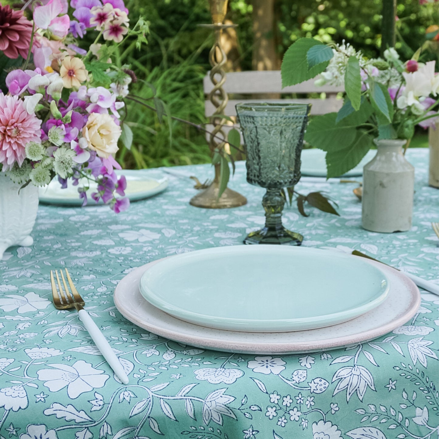 Rose Tablecloth in Teal Green