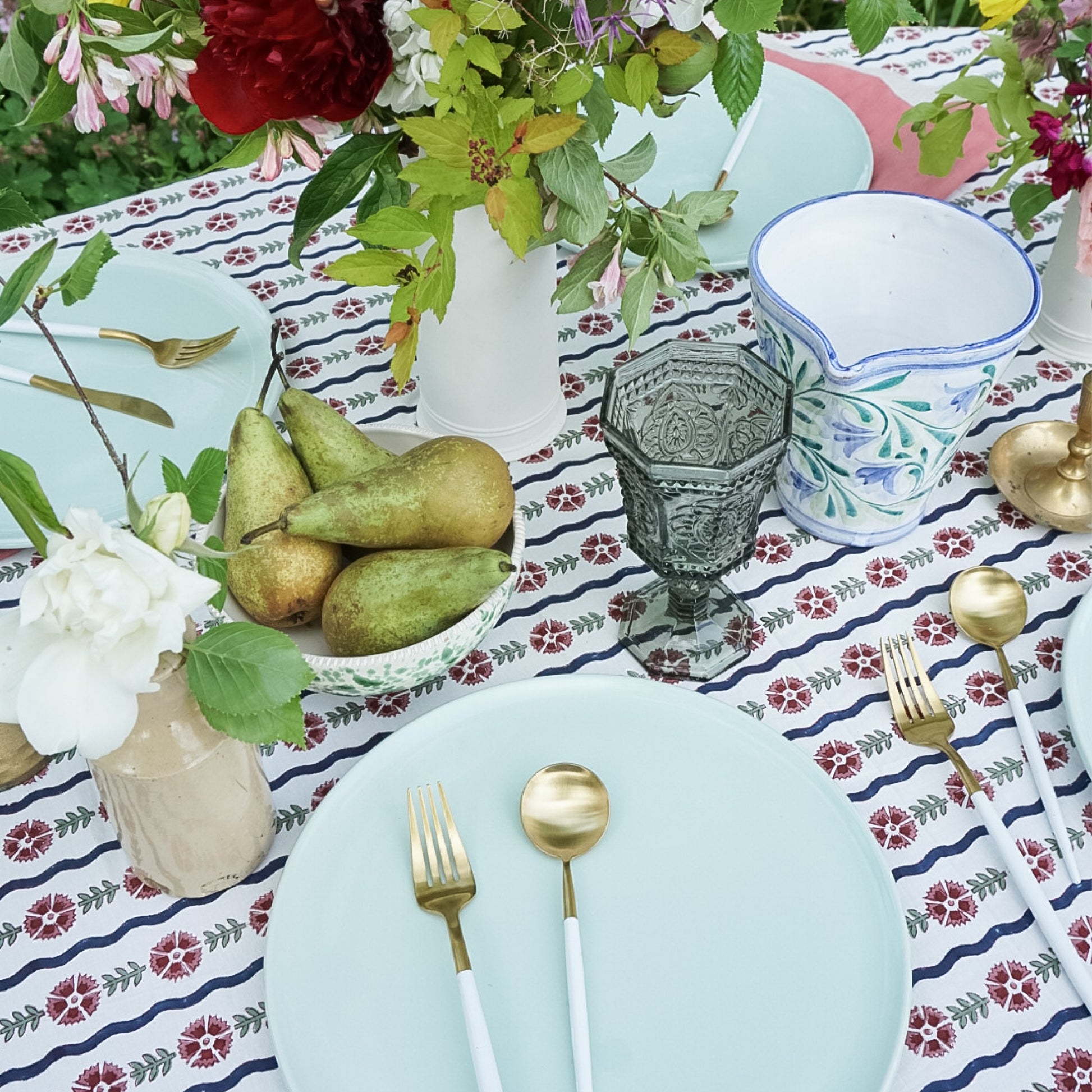 Blue Wavy Tablecloth block printed by artisans in Jaipur 