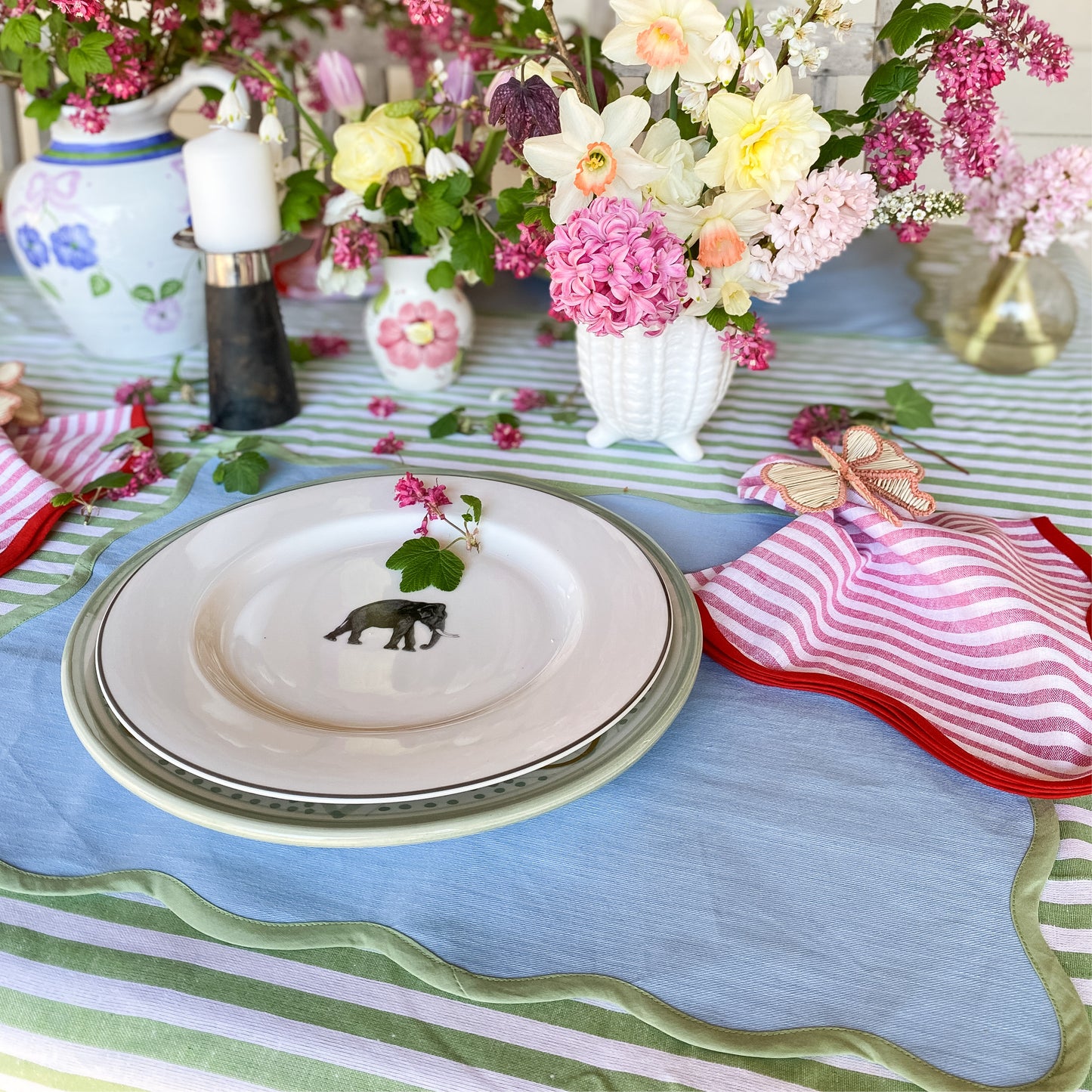 Spring Green Stripes with Wavy Edge Tablecloth